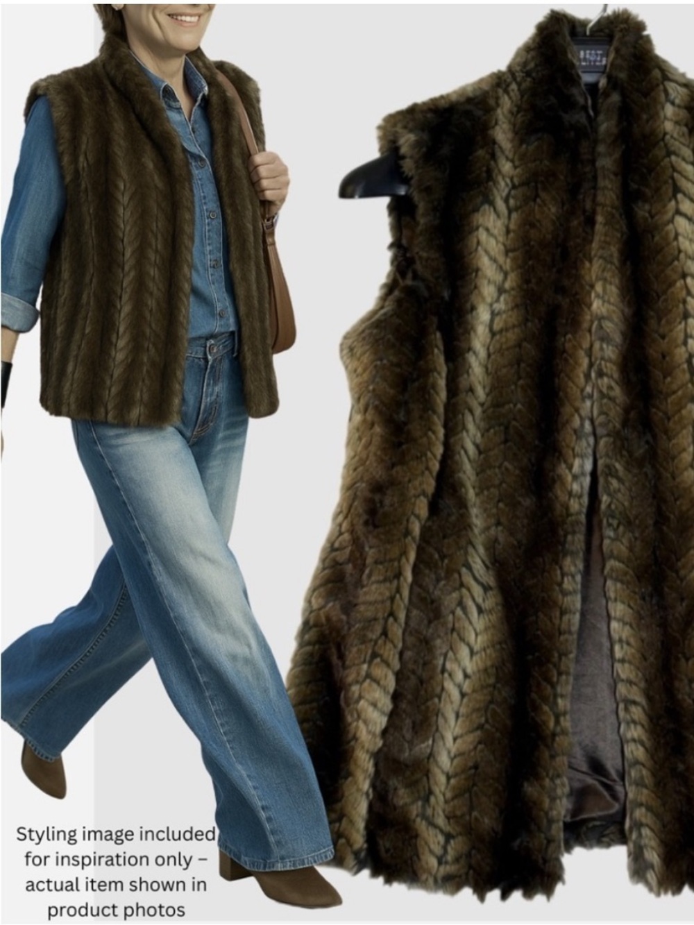 VTG 90s Y2K Liz Claiborne Faux Fur Vest Brown Beige M Boho Glam Western Mob Wife
